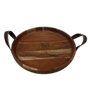 Tabletops Unlimited Mason Wood Serve Tray Round Brown Faux Leather Handle